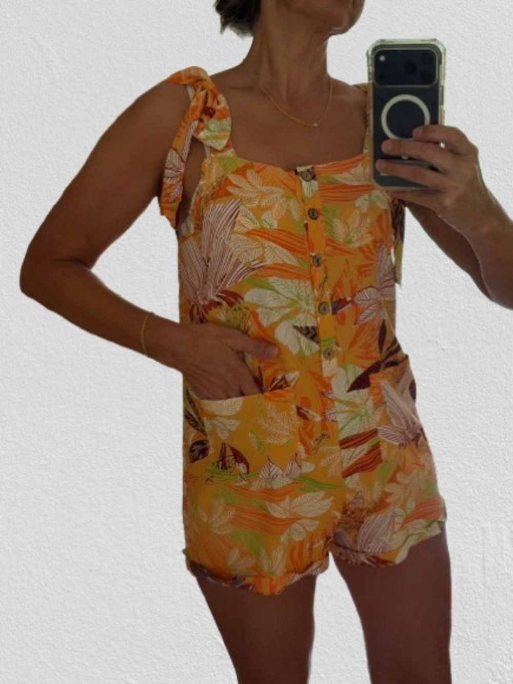 NWT Paradise Woman’s Yellow Botanical Print Romper, Sz M